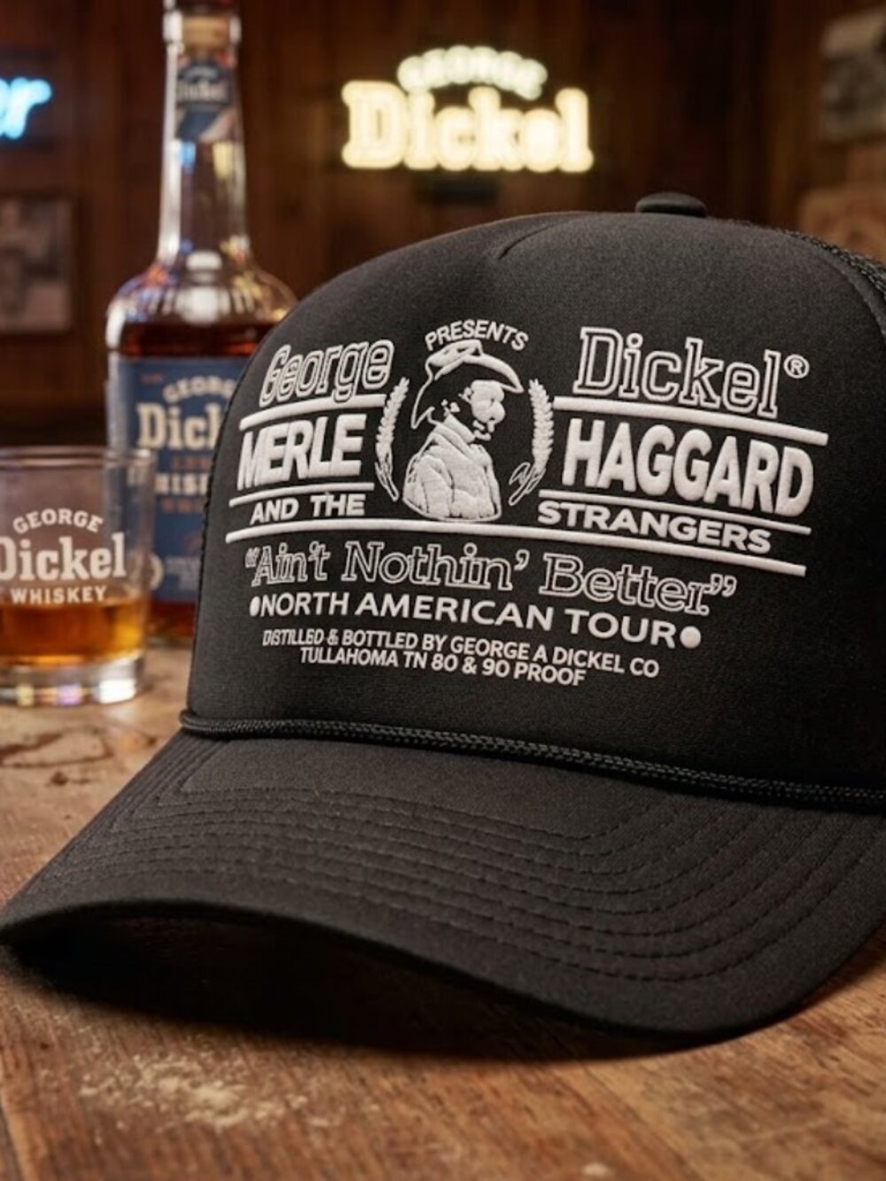 Vintage Merle Haggard Hat George Dickel Tour Black Foam Rope Snapback Cap 2000s